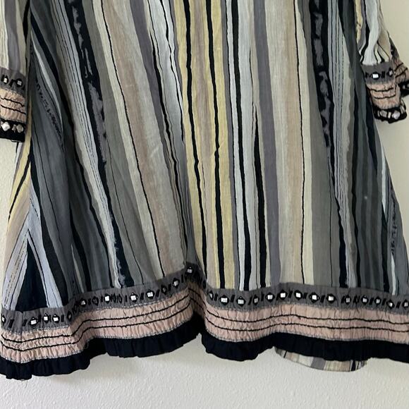 Anu shift tunic striped 3/4 sleeve beaded neckline lightweight vacation boho L - Picture 9 of 12